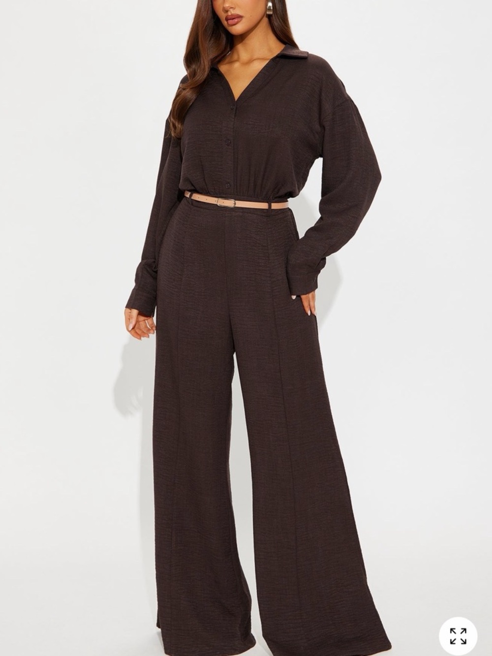 Fashion Nova Dark Brown Wide-Leg Jumpsuit with Belt